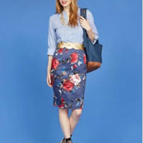Modcloth Floral Pencil Skirt Blue Red Plus Business Casual Women’s Size 1X - Picture 1 of 8